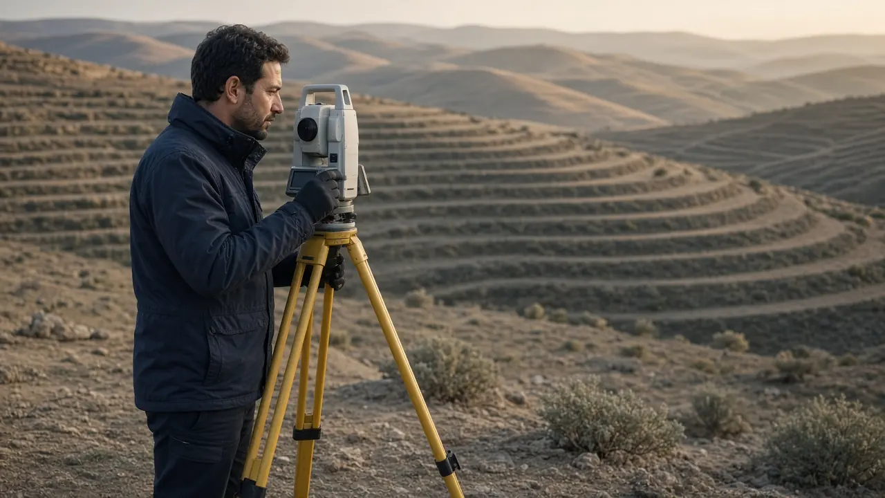 Açık arazide total station ile ölçüm yapan mühendis