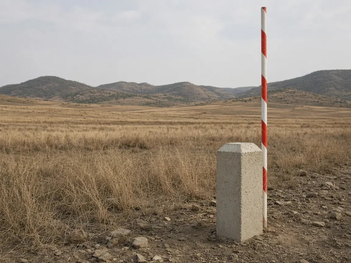 Tarla kenarında beton sınır taşı ve jalon