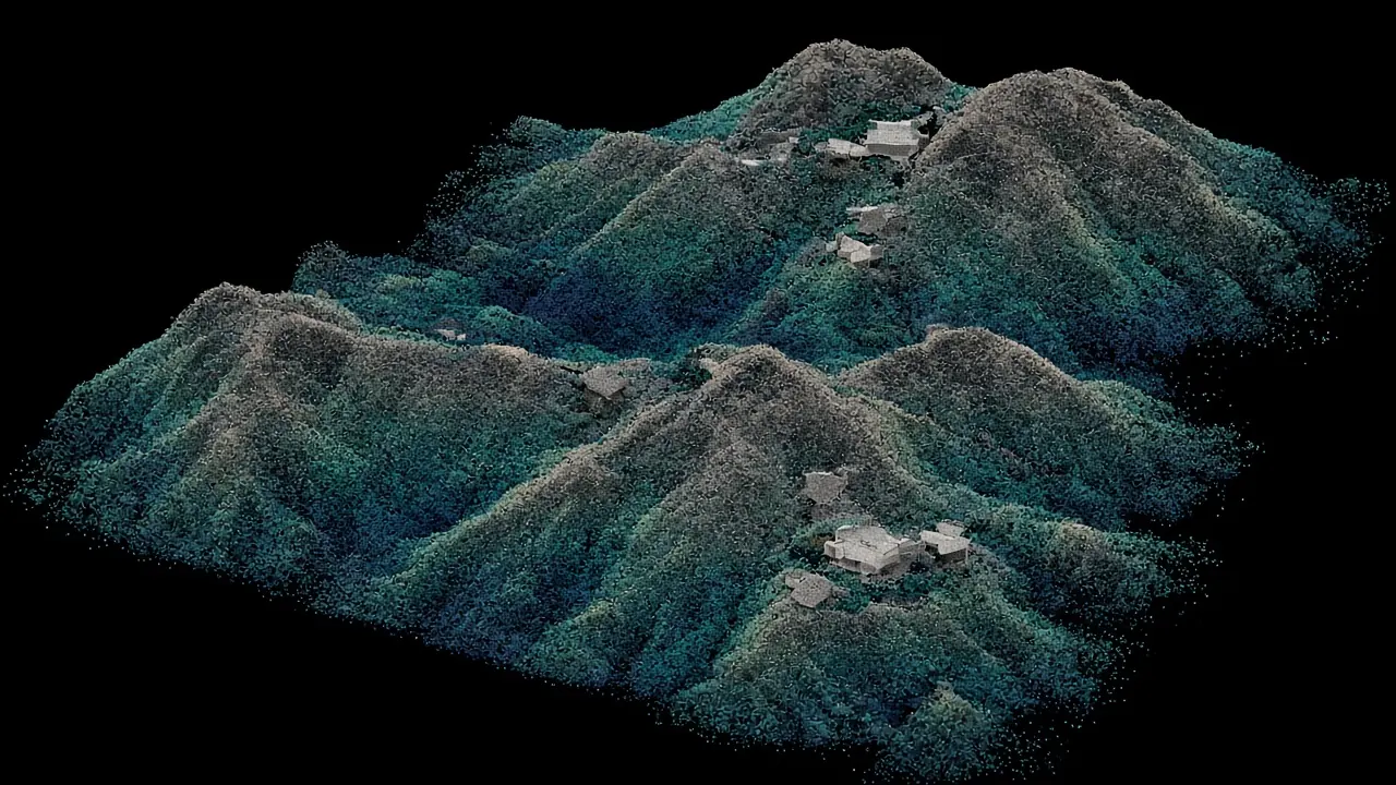 Arazi ve yapıları gösteren LiDAR nokta bulutu