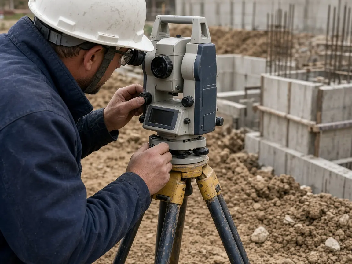 Şantiye kenarında total station kullanan ölçüm ekibi